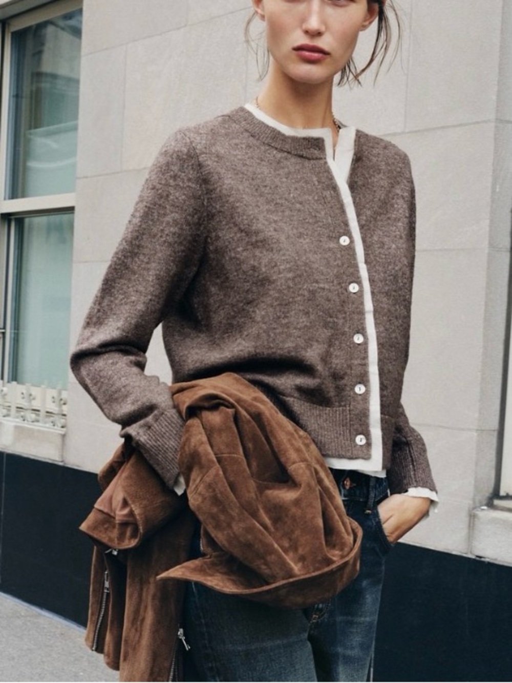 NEW Zara Brown taupe Crewneck Cardigan with Contrast Trim new with tags